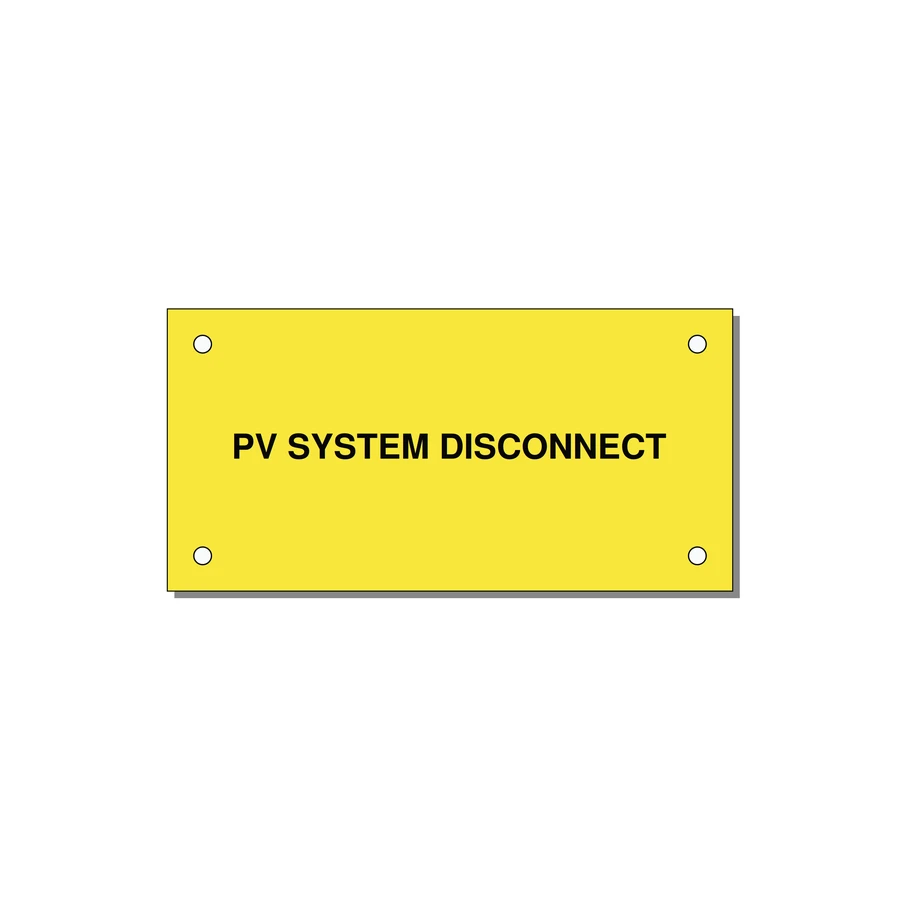 PV System DC Disconnect Label — 4x2" Black on Yellow, Holes