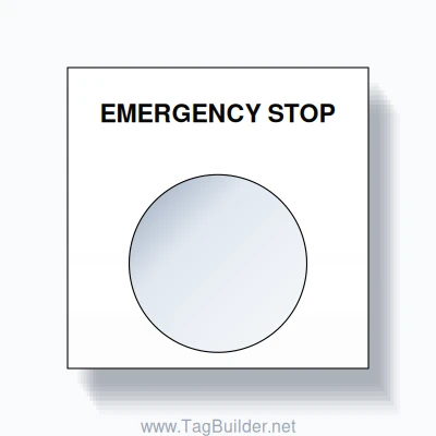 22mm Ring Tag – EMERGENCY STOP, Single-Line Square, Black on White ...