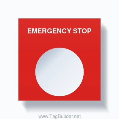 22mm Ring Tag – EMERGENCY STOP, Single-Line Square, White on Red ...